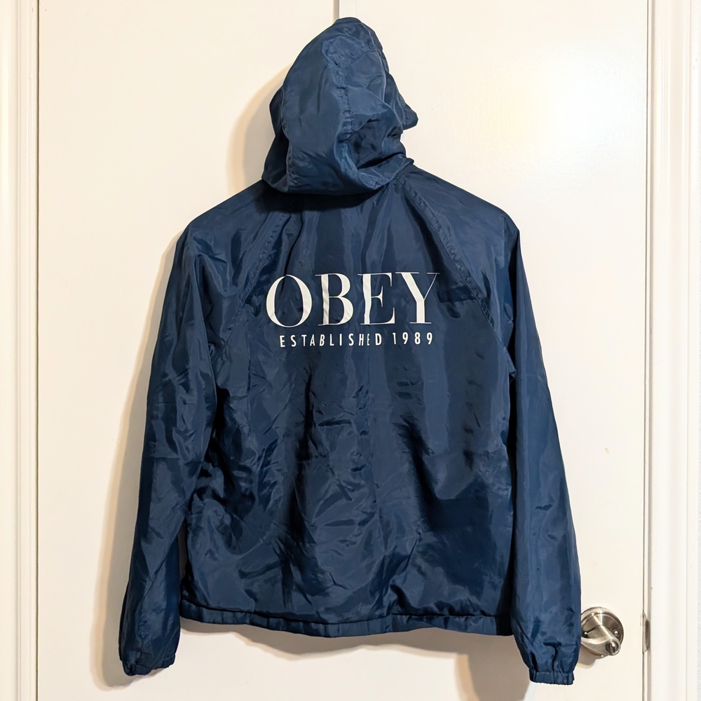 Obey Propaganda Hooded Snap-Front Coaches Jacket - Navy - XS
